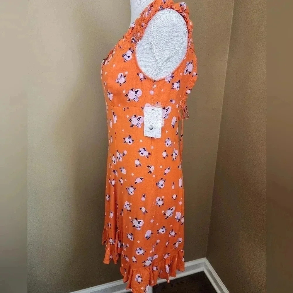 Free People Like a Lady Orange Citrus Floral Mini Dress Lace Up Back S NWT - Picture 7 of 16